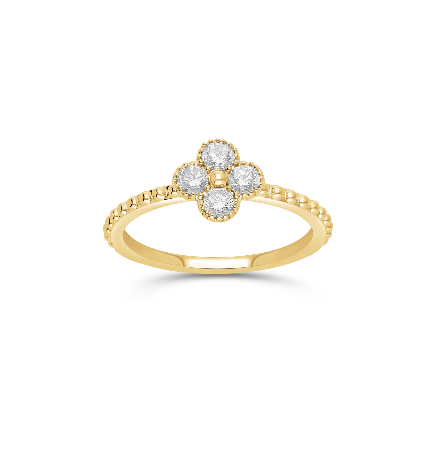Sabel Collection Yellow Gold Beaded and Diamond Clover Ring